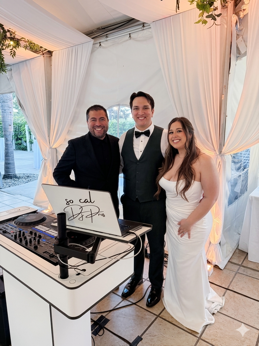Mike Jay with couple under elegant tent at their wedding