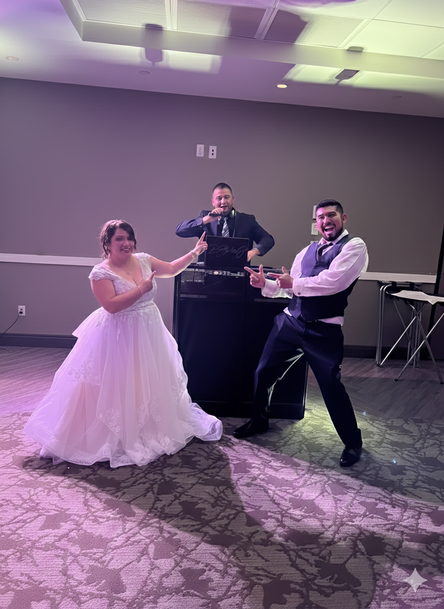 Bride and groom celebrating with Mike Jay under purple uplighting